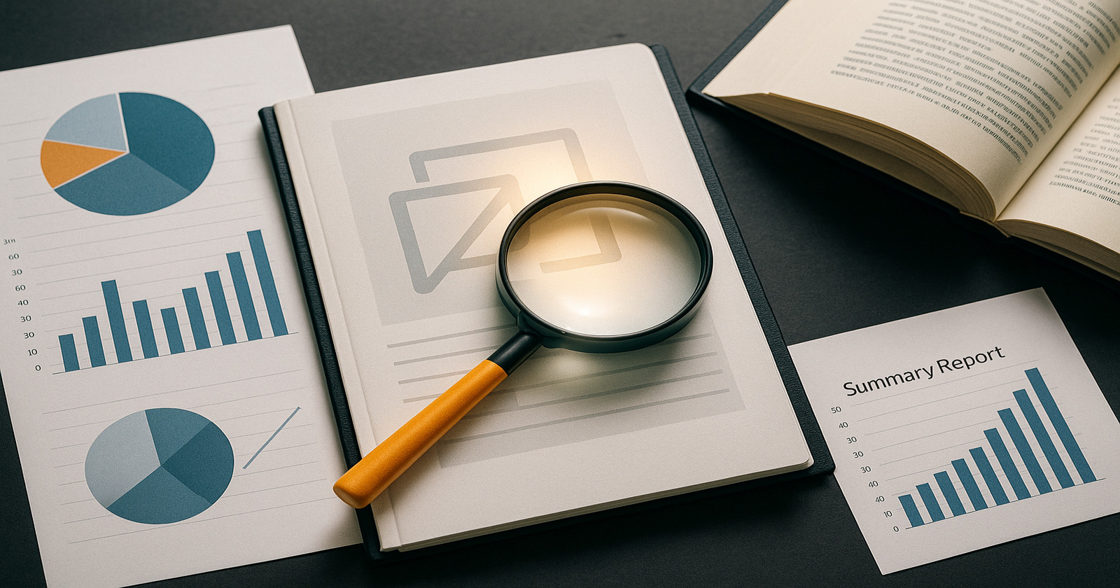Magnifying glass on summary report and graphs, illustrating data analysis and real estate licensing implications related to DWI.